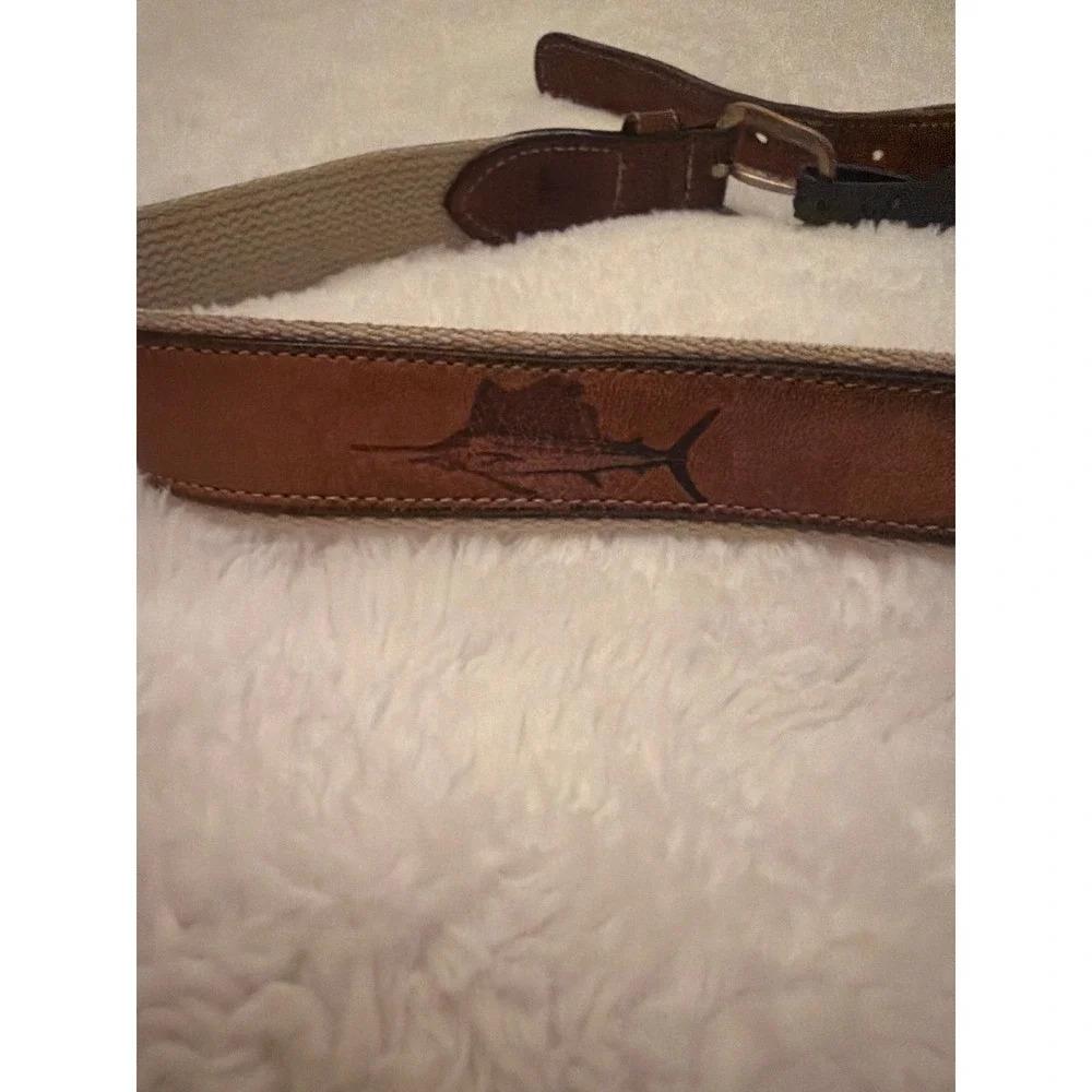 Tommy Bahama Mens Belt 36 Brown Leather Canvas Marlin Fish Solid Brass Buckle